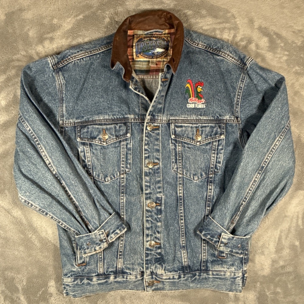 Vintage Upstream Truckers Denim Jacket Mens Size Medium Embroidered Kelloggs